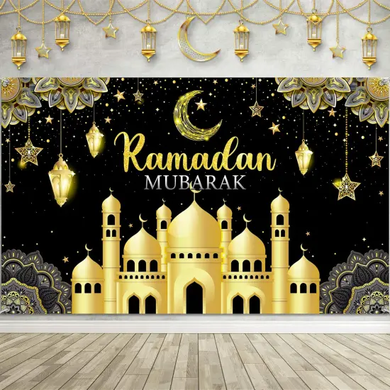Backdrop Banner Muslim Kareem Background Eid Sign Photo Booth for Home Al Fitr Party Supplies (Black) {2}