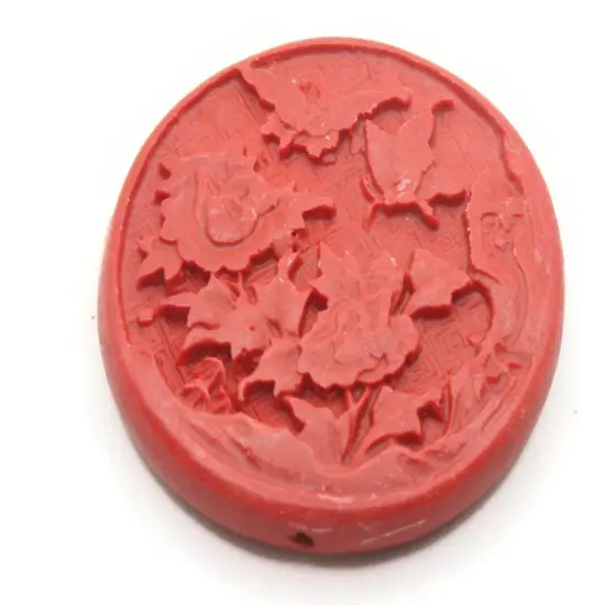 47mm Red Carved Cinnabar Flower and Butterfly Focal Bead {4}