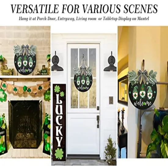 St Patrick's Day Welcome Sign Wreath For Front Door Decor Shamrock Hanging Door Sign Gnomes Pattern With Greenery & Bow Wooden Round St Patricks Day Decoration For The Home Farmhouse Decor 12x12 Inch {6}