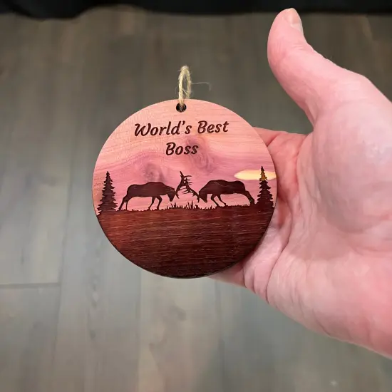 Worlds Best Boss Elk Battle - Cedar Ornament {4}