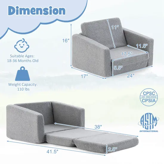 Honeyjoy 2-in-1 Toddler Fold out Couch Children&rsquo;s Convertible Sofa to Lounger Grey {3}