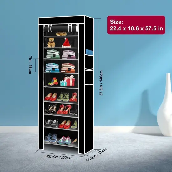 10 Tier Stackable Shoe Rack Organizer with Cover Black {3}