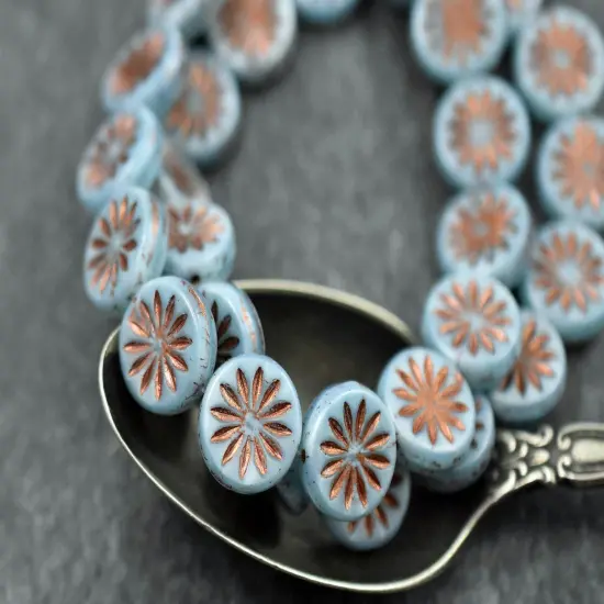 *15* 12mm Copper Washed Sky Blue Silk Aster Flower Coin Beads {4}