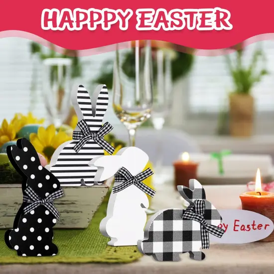4 Pcs Easter Bunny Table Wooden Signs Bunny Shaped Farmhouse Decor Spring Bunny Wood Tabletop Easter Decorations Easter Bunny Dining Room Table Decor Sign Bunny Decor with Rope (Striped) {6}
