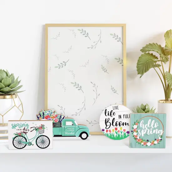 4 Pieces Easter Tiered Tray Decorations Hello Spring Decorations for Home Happy Easter Sign Bunny Farm Fresh Truck Wooden Centerpiece Table Signs for Indoor Home Kitchen Decor(Car Style) {3}