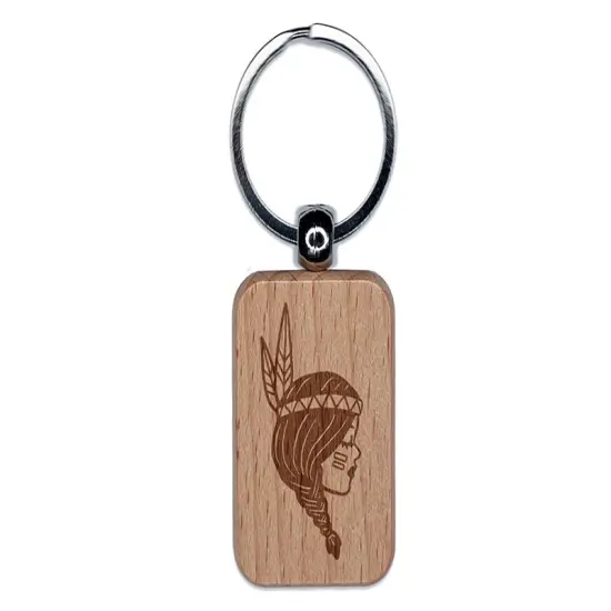 Native American Girl Feather Braid Engraved Wood Rectangle Keychain Tag Charm {1}