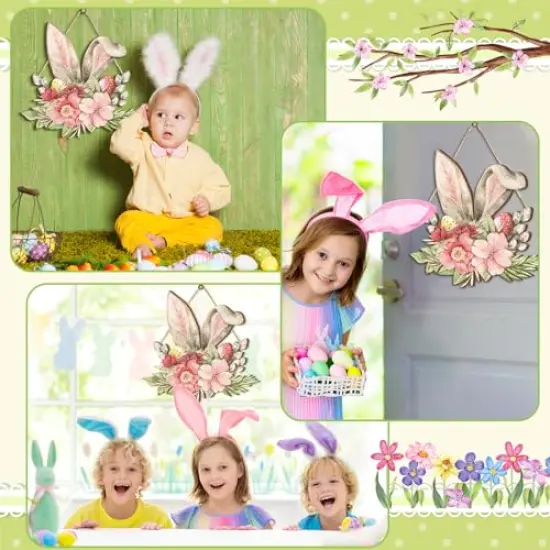 Juexica Easter Door Sign Bunny Ear Hanging Door Decor Easter Flower Wooden Sign Wall Hanging Decorations for Front Door Wood Porch Decor Wall Pediments {2}