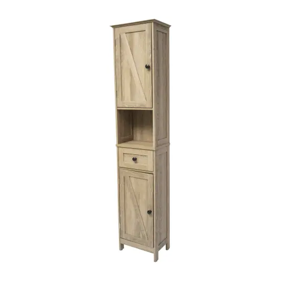 Merrick Lane Delilah Slim Linen Tower Organizer with Storage Drawer, Upper and Lower Cabinets with Magnetic Closure Doors and Open Shelf Brown {1}