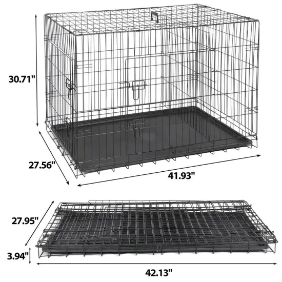 42" Dog Crate Kennel Folding Metal Pet Cage Double Doors With Tray Pan Indoor {2}