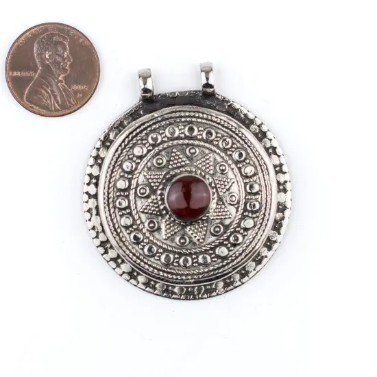 The Bead Chest Carnelian-Inlaid Afghan Tribal Pendant (40x45mm) {2}