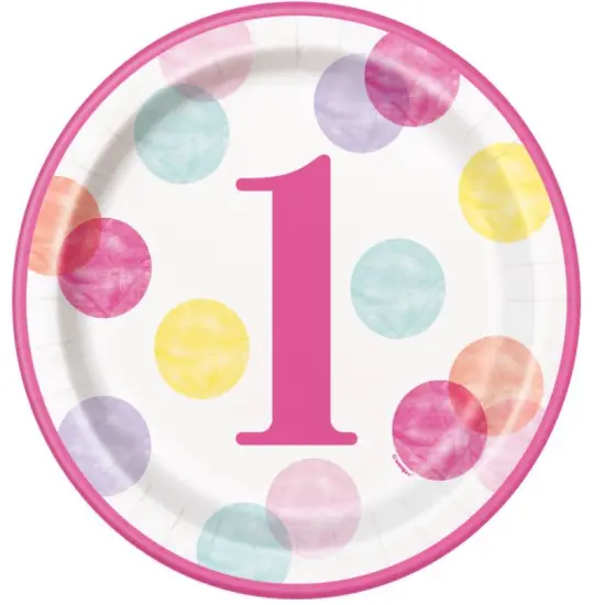 Pink Dots 1st Birthday Round 9" Dinner Plates, 8ct {1}