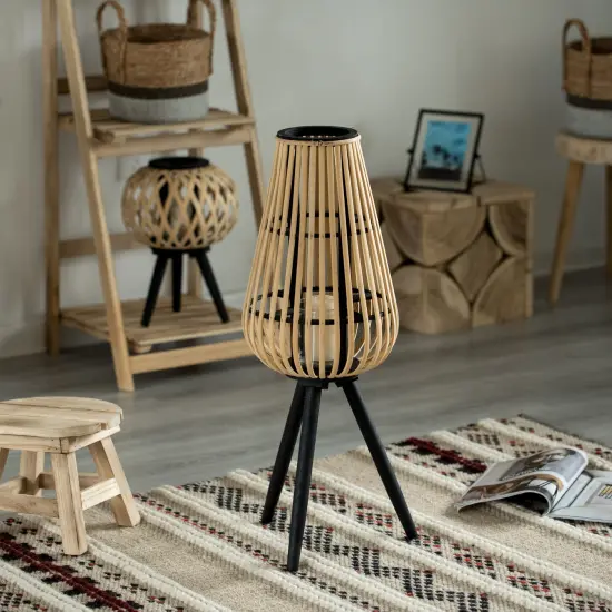 Indoor and Outdoor Modern Natural Bamboo Decorative Lantern with Black Stand and Glass Candle Holder {6}