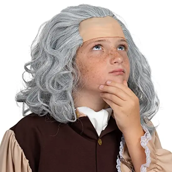 Grey Benjamin Franklin Wig - Receding Hairline Old People Senior Citizen Gray Balding Costume Wigs Dress Up Accessories Head Cap {5}