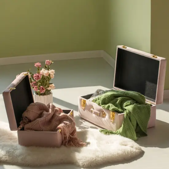 Decorative Tufted Velvet Suitcase Treasure Chest Set of 2 Pink {4}