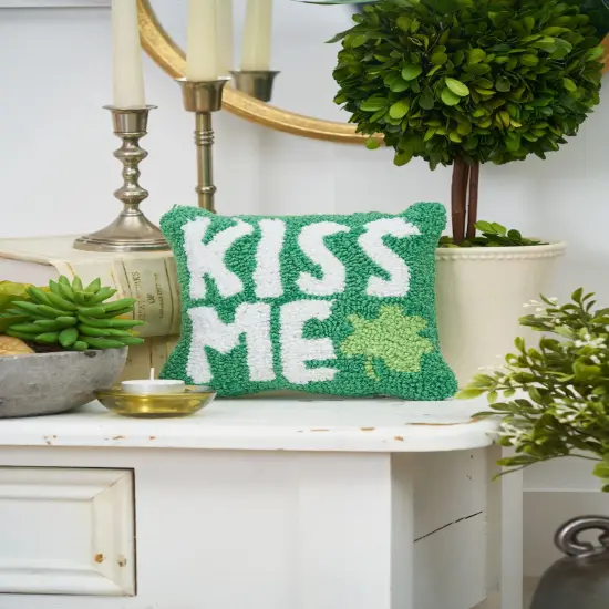 St. Patrick's Day "Kiss Me" Clover Hooked Small/Petite Accent Pillow, 8" x 8" {4}