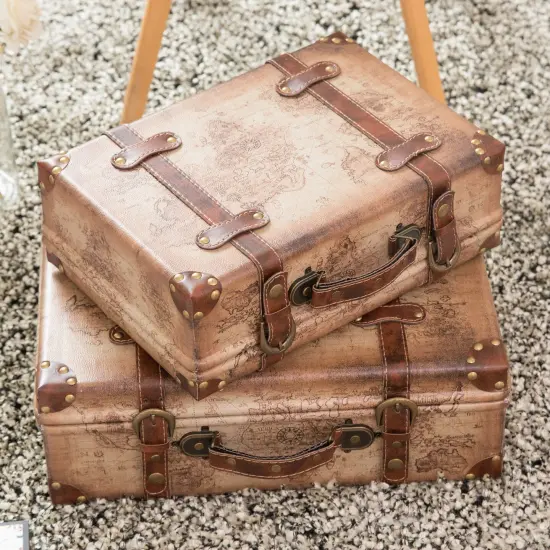 Set of 2 Vintage-Style World Map Leather Suitcase Trunks with Straps and Handle {4}
