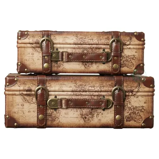 Old World Map Leather Vintage Style Suitcase with Straps, Set of 2 {3}