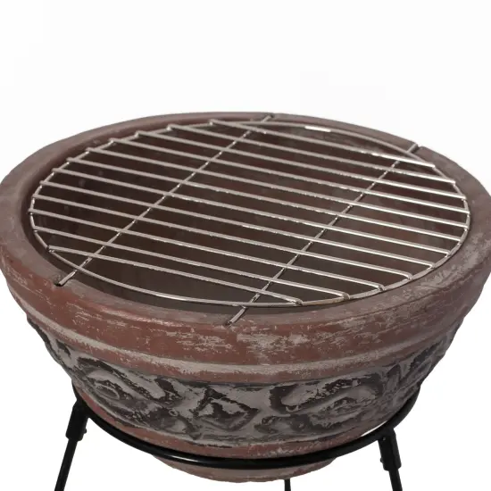 Outdoor Small Red and Gray Clay Grill Accent Design Charcoal Burning Fire Pit with Sturdy Metal Stand, Barbecue, Cocktail Party, Family Gathering, Cozy Nights Fire Pit {5}