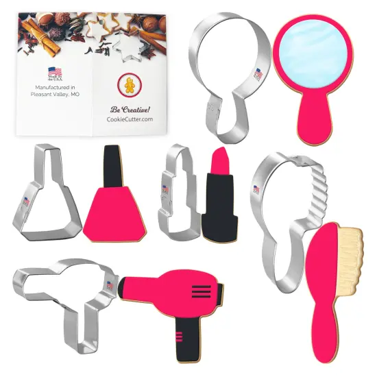 CookieCutter.com Diva 5 Piece Cookie Cutters Set, Mirror, Lipstick, Hair Brush, Nail Polish, Hair Dryer, Tin Plate Steel, USA {1}