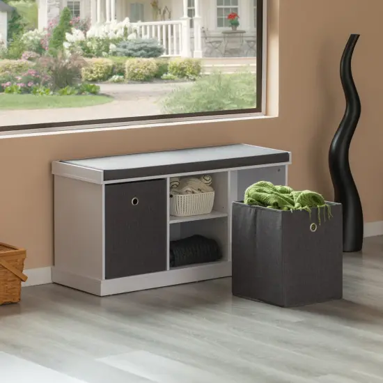 MDF Storage Box Shoe Bench with 2 Shelves, Foldable Baskets and a Gray Cushion, White {3}