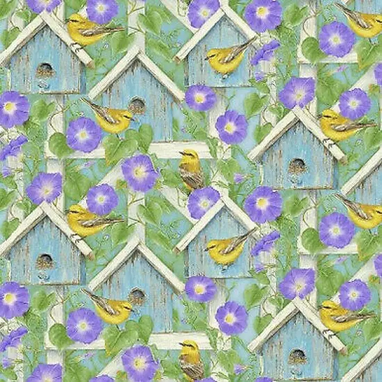 Hydrangea Bird Song Birds on Lattice Cotton Fabric by Henry Glass {1}