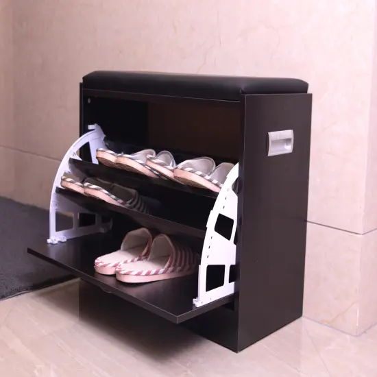 Black Wooden Fold-out Shoe Organizer - Shoe Storage Bench with Leather Cushion {2}