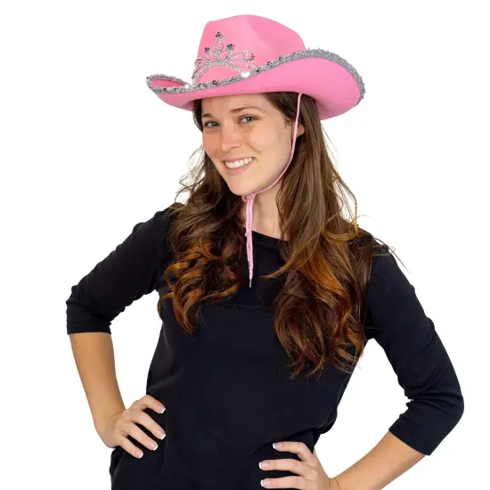 Pink Cowboy Hat - Pink Sequin Cowgirl Princess Hat with Crown Tiara Design {2}