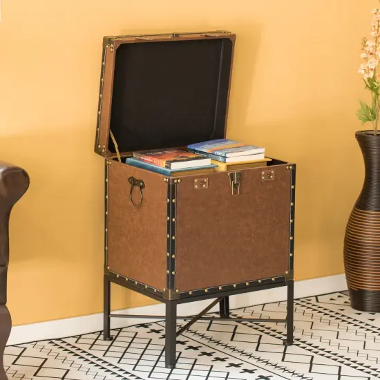 Faux Leather Trimmed Lockable Square Lined Storage Trunk, End Table on Metal Stand Brown {6}