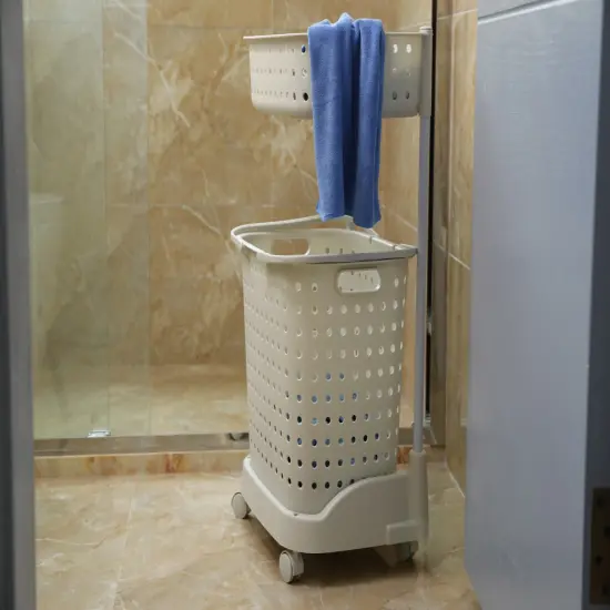 2 Tier Plastic Laundry Basket with Wheels {4}