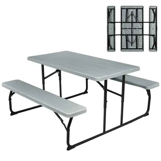 Costway Folding Picnic Table & Bench Set for Camping BBQ w/ Steel Frame White/Balck {10}