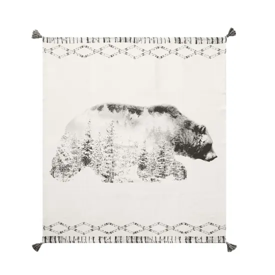 Bear in Forest Grayscale Printed 100% Cotton Throw Blanket w/ Tassels 50" x 60" {1}