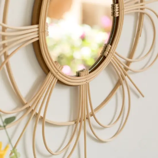 Decorative Flower Shape Woven Rattan Wood Round Modern Hanging Wall Mirror {5}