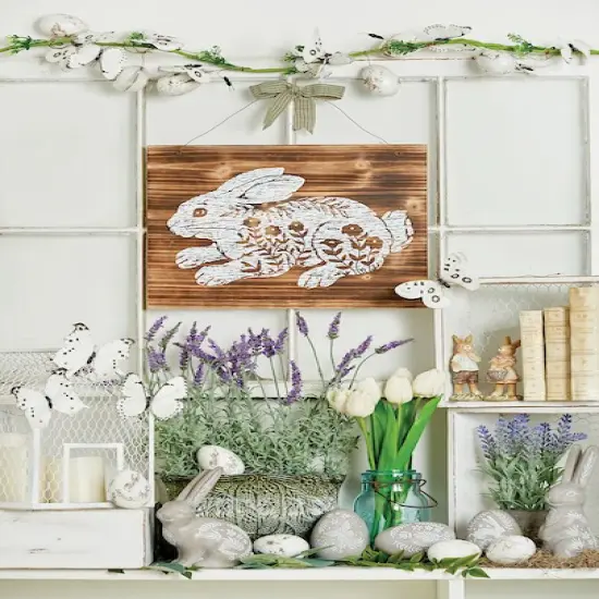 13" x 15" Etched Farmhouse Floral Flowers Easter Rabbit Bunny Wood Hanging Wall Art {3}