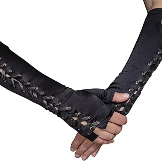 Fingerless Lace Up Gloves - Long Black Costume Elbow Arm Warmer Accessories with Black Satin Laced Tie for Dress Up {3}
