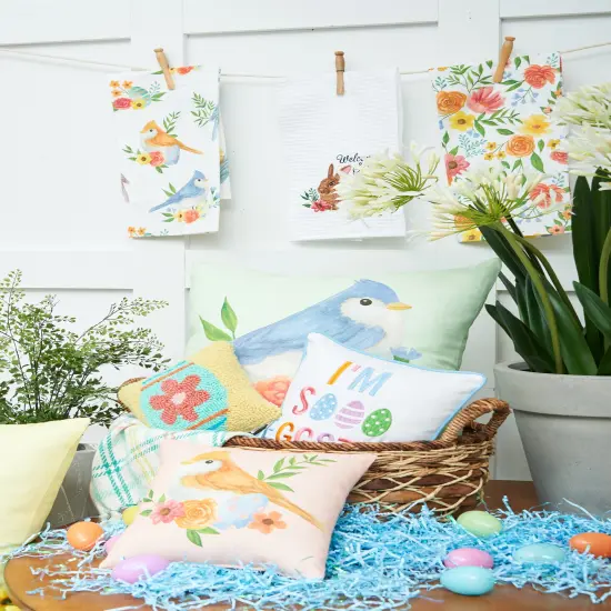 Green Floral Bird Woven Spring Easter Themed Accent Throw Pillow, 18" x 18" {4}