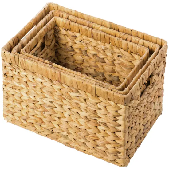 Natural Woven Water Hyacinth Wicker Rectangular Storage Bin Basket with Handles {3}