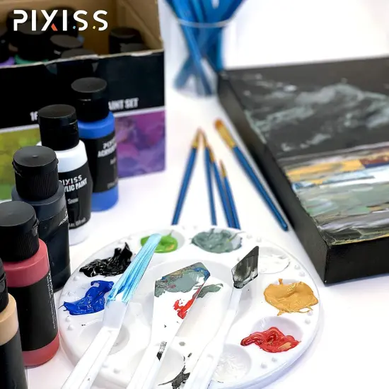 Pixiss Acrylic Paints Set of 16 (59 ml/2floz), 10 Paint Brush, 5x5-Inch Canvases 3 Pack {6}