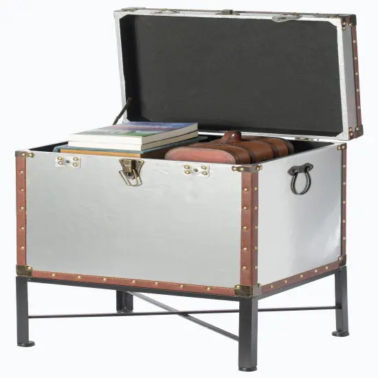 Faux Leather Trimmed Lockable Square Lined Storage Trunk, End Table on Metal Stand Silver {10}