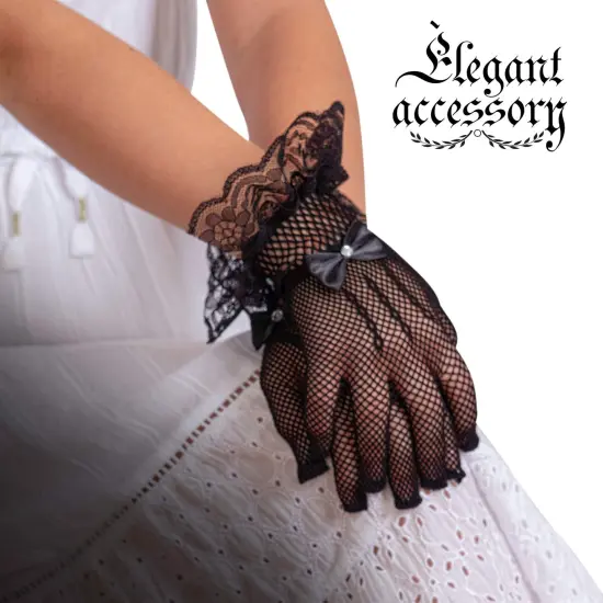 Dress Lace Hand Gloves - Vintage Formal Black Sheer Evening Gloves with Satin Bow and Lace Ruffle Wrist Cuffs for Women and Girls {4}