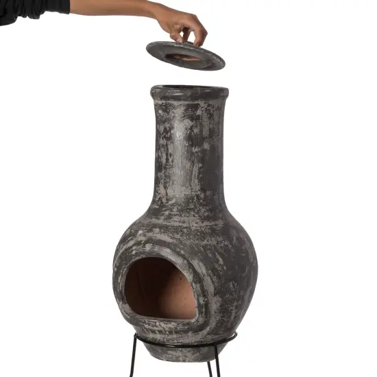 Gray Outdoor Clay Chiminea Outdoor Fireplace Stoney Scribbled Design Charcoal Burning Fire Pit with Sturdy Metal Stand, Barbecue, Cocktail Party, Family Gathering, Cozy Nights Fire Pit {3}