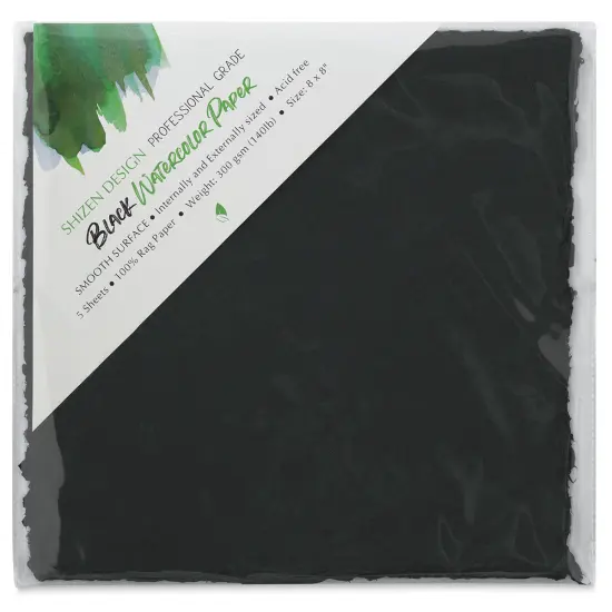 Shizen Black Watercolor Paper - 8" x 8", Hot Press/Smooth, 5 Sheet Pkg {1}