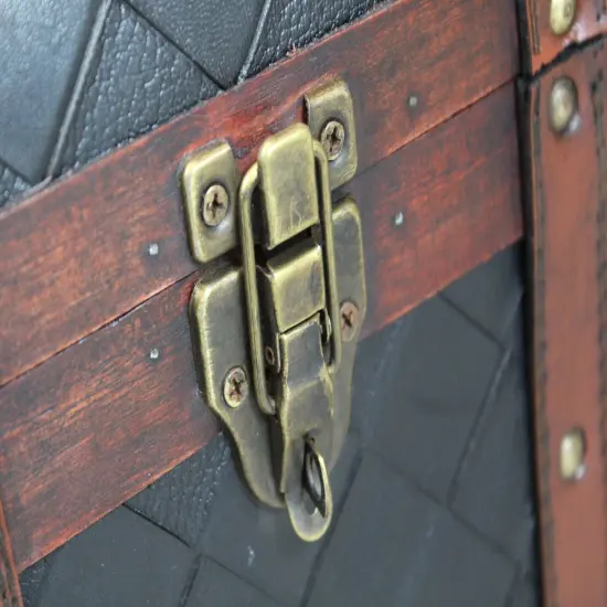 Wooden Leather Round Top Treasure Chest, Decorative storage Trunk with Lockable Latch {4}