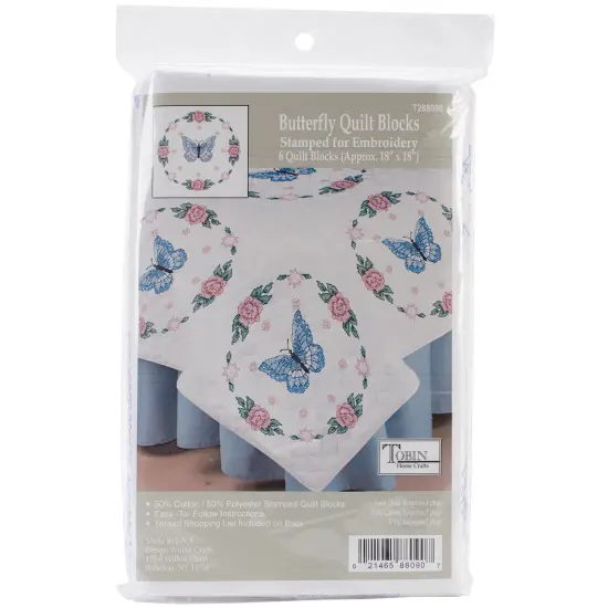 Tobin Stamped White Quilt Blocks 18"X18" 6/Pkg-Butterfly Rose {1}