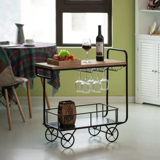 Metal Wine Bar Serving Cart with Rolling Wheels, Glass Holder, and Wine Rack {2}