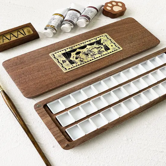 natural Walnut wood watercolor Artist Paint Palette, Sable wood, retro art, Acrylic Paint Palette, Wooden watercolor paint box {4}