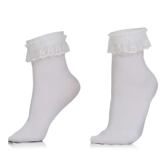 White Ruffled Anklet Socks - Frilly White Opaque Lace Ruffles Top Trim Bobby Sock {1}