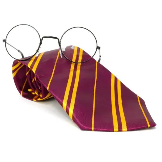 Wizard Glasses and Tie - Maroon and Gold Dress Up Tie and Black Round Glasses Set - 1 Pair {1}