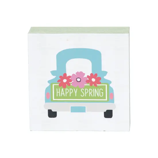 4.75" Springtime "Happy Spring" Pickup Truck w/ Floral Flowers Decorative Wood Single Centerpiece Block {1}