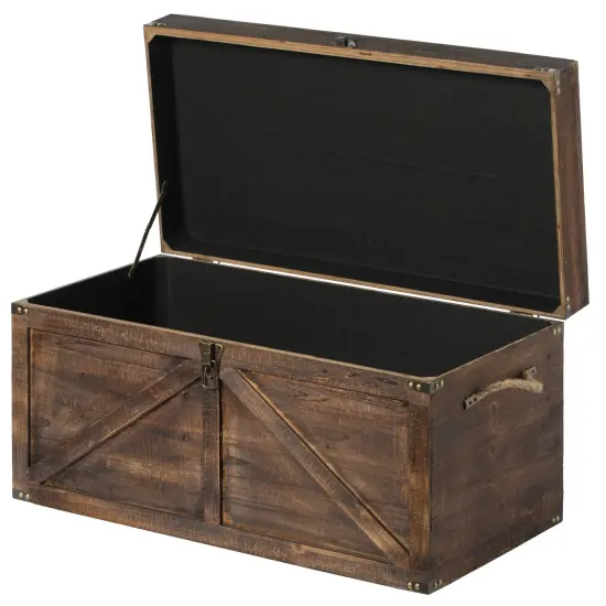 Brown Large Wooden Lockable Trunk Farmhouse Style Rustic Design Lined Storage Chest with Rope Handles {3}