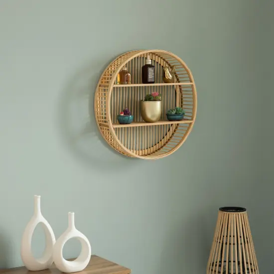 Decorative Rattan Round Display Shelf With 2 Shelves for The Dining Room, Living Room, or Office. {5}